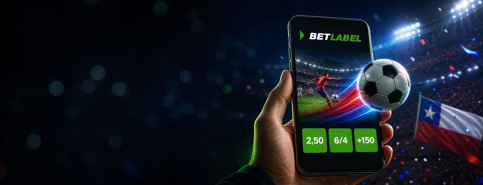 Mano con un celular que muestra la app de BetLabel con un partido en vivo y la misma cuota en tres formatos: 2,50, 6/4 y +150