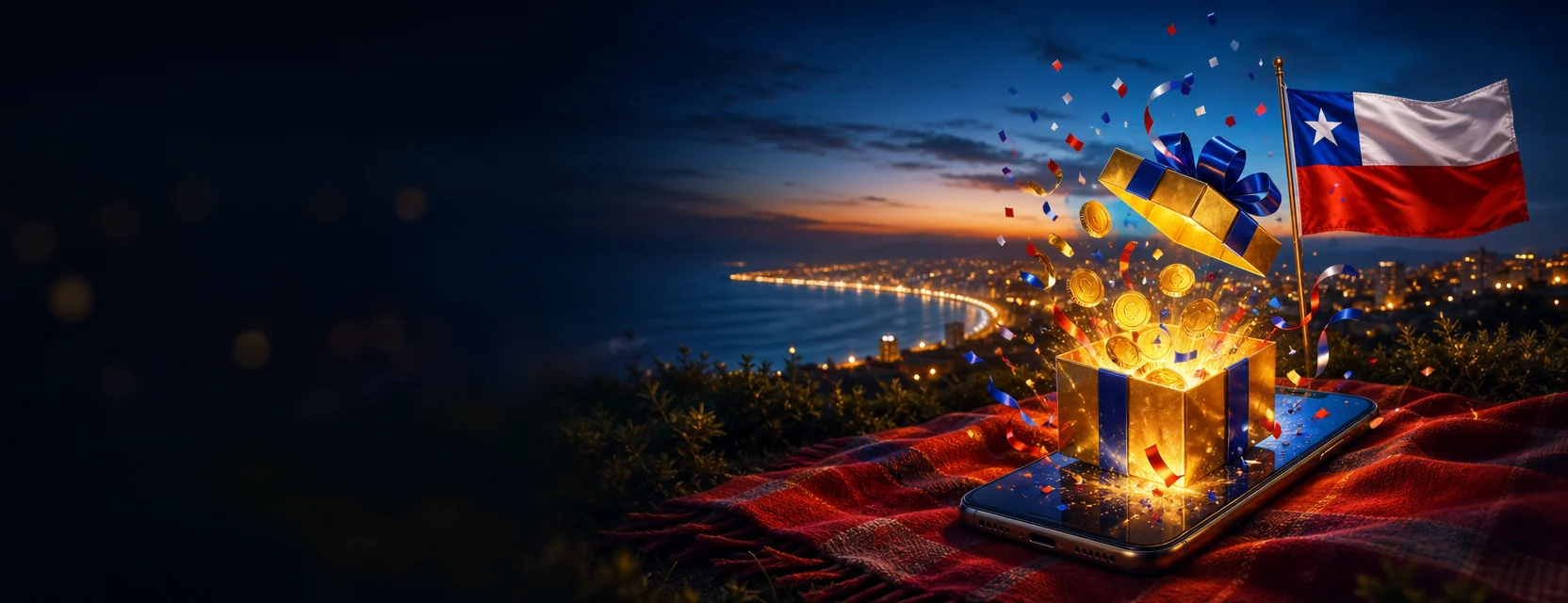 Celular sobre una manta de picnic en un mirador de Viña del Mar al atardecer, con una caja de regalo dorada que sale de la pantalla