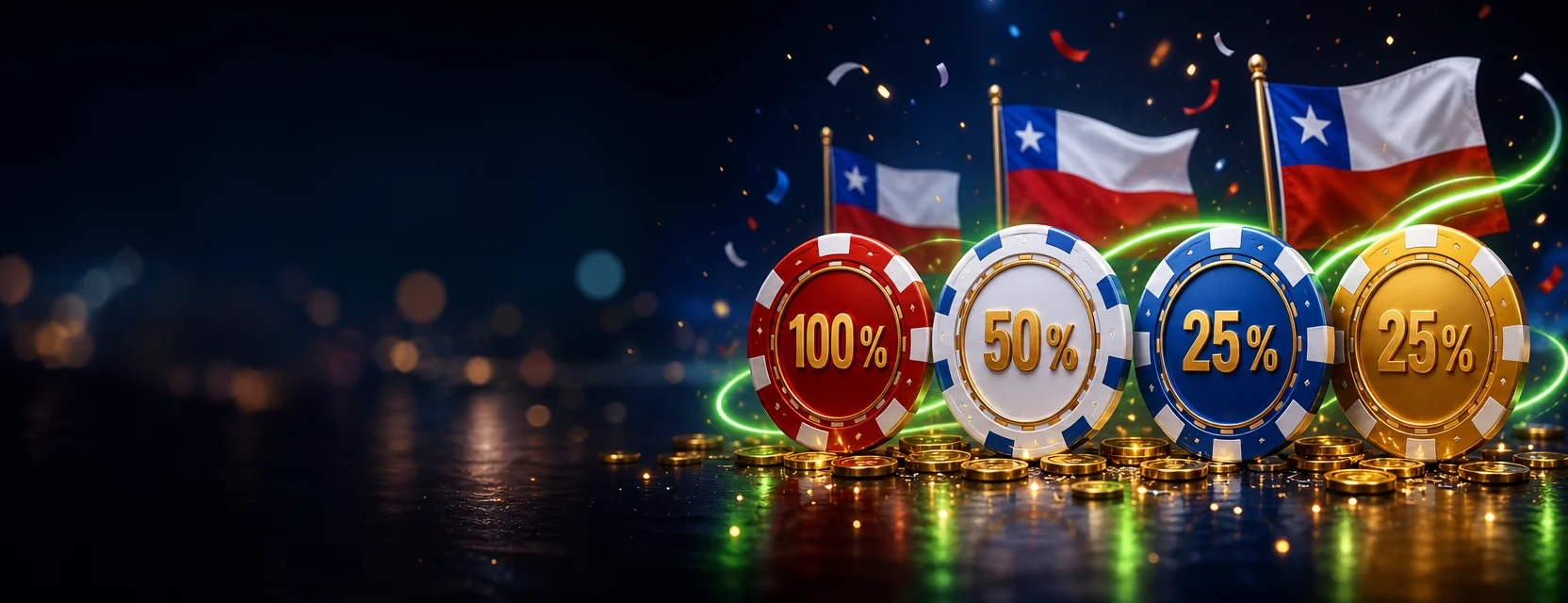 Cuatro fichas de casino gigantes de pie, roja, blanca, azul y dorada, con las etiquetas 100 %, 50 %, 25 % y 25 %