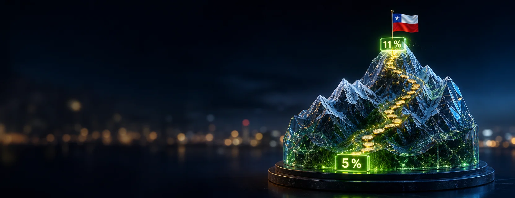 Maqueta de vidrio de cumbres andinas nevadas con un camino luminoso que sube del 5 % en la base al 11 % en la cima