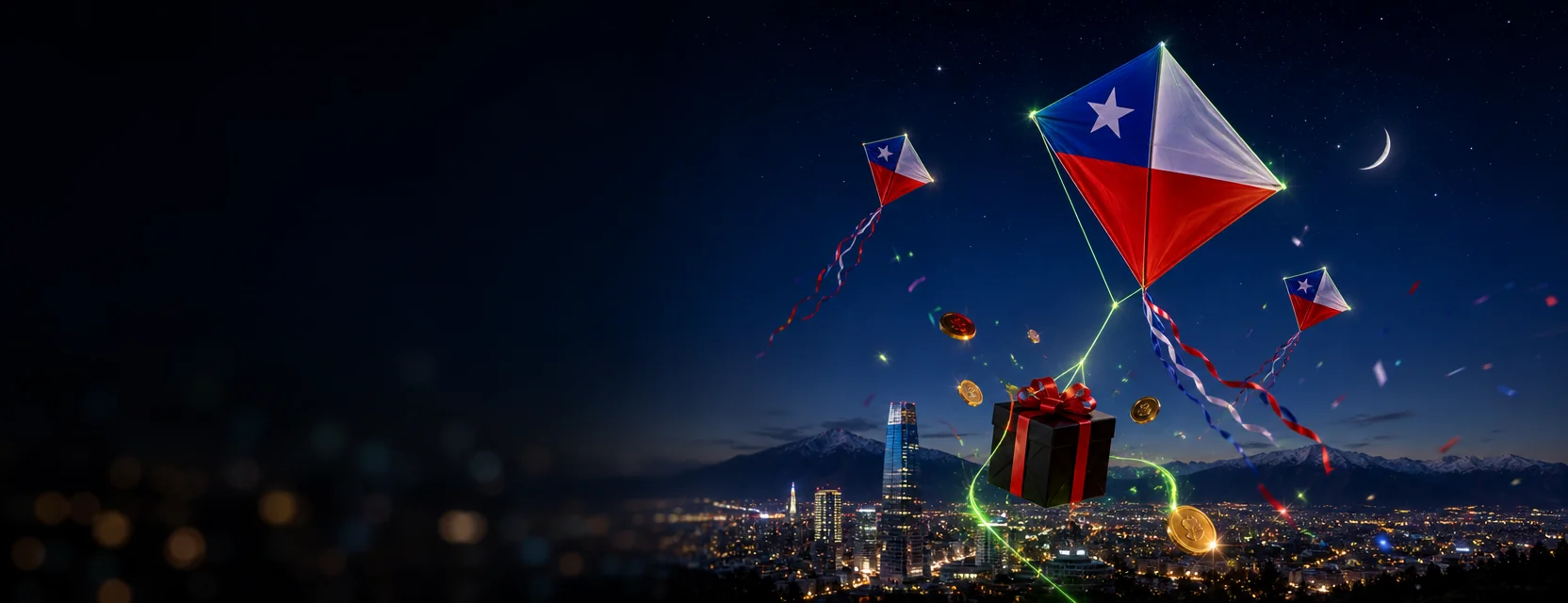 Volantines rojos, blancos y azules en el cielo del atardecer sobre Santiago, uno de ellos con una caja de regalo colgando del hilo