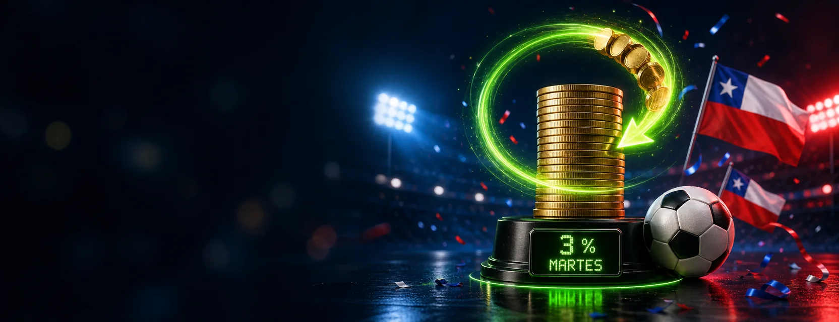 Flecha de luz verde que gira alrededor de una pila de monedas de oro sobre un pedestal con una pantalla LED que dice 3 % y MARTES
