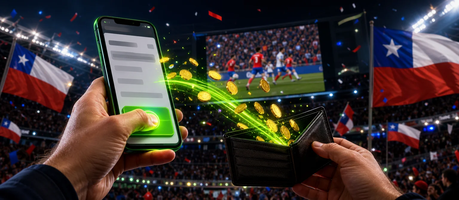 Pulgar que presiona un botón verde en un celular con el cupón de apuestas mientras las monedas vuelven a una billetera, con un partido en la pantalla gigante