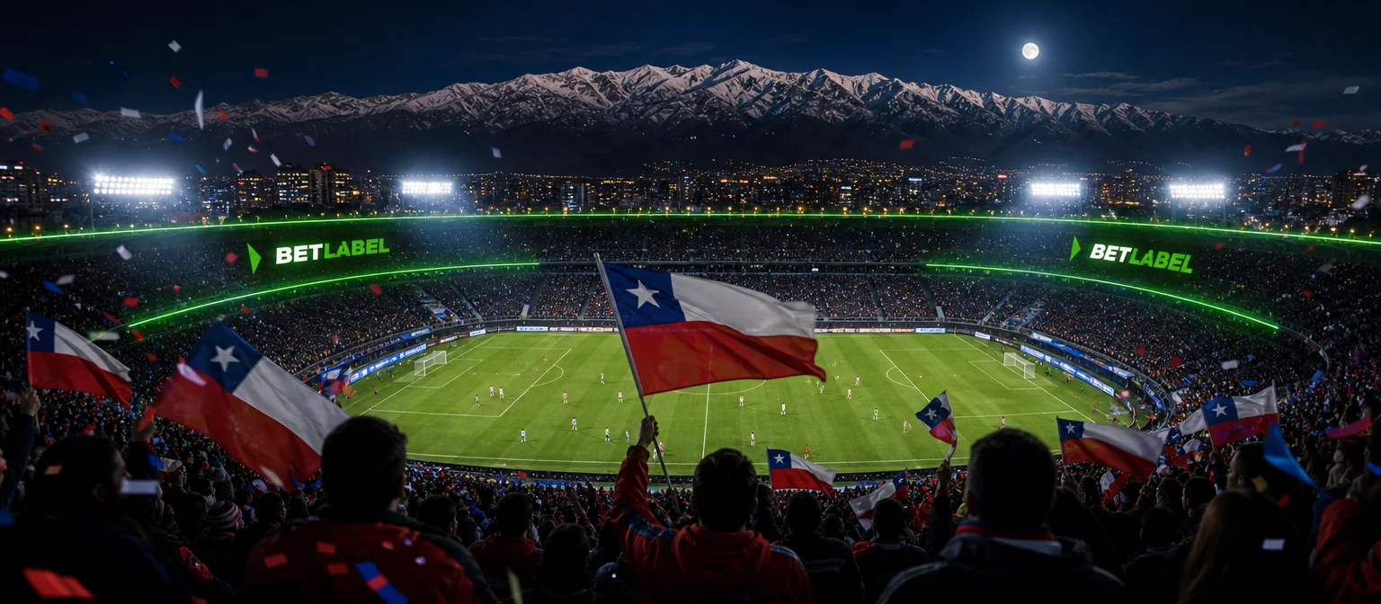 Partido nocturno visto desde lo alto de la galería, con la cordillera de los Andes nevada al fondo y el logo de BetLabel en la pantalla LED