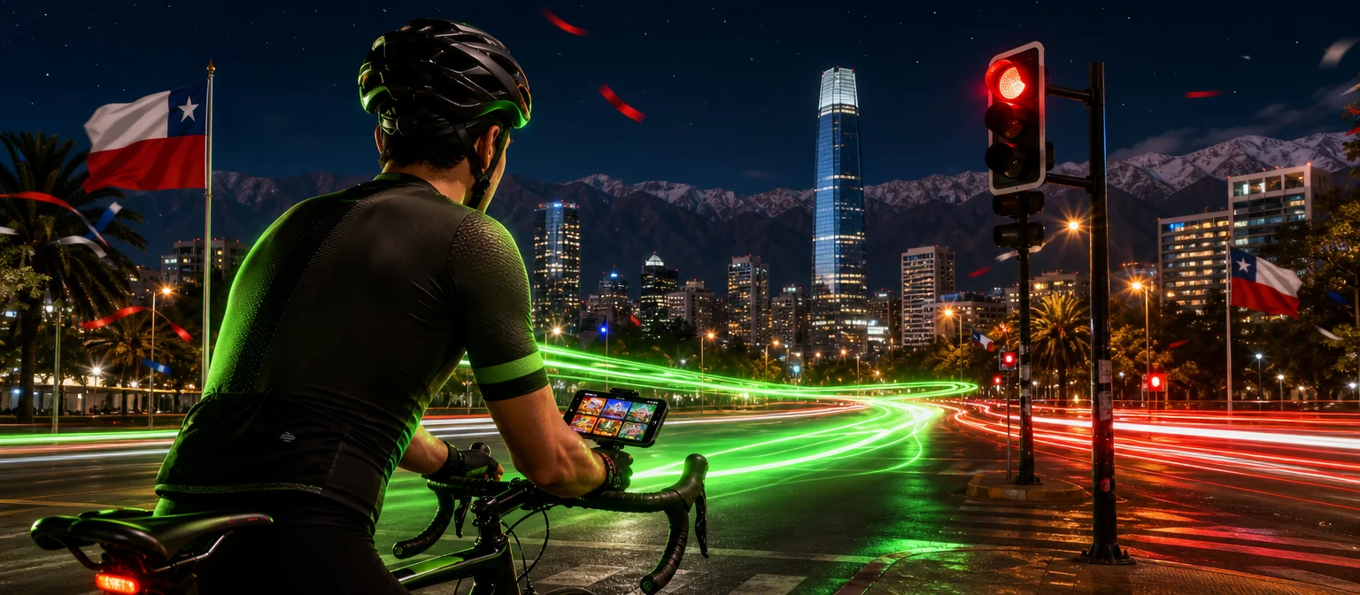 Ciclista detenido en un semáforo en rojo de Santiago de noche que revisa el lobby de juegos en un celular montado en el manubrio