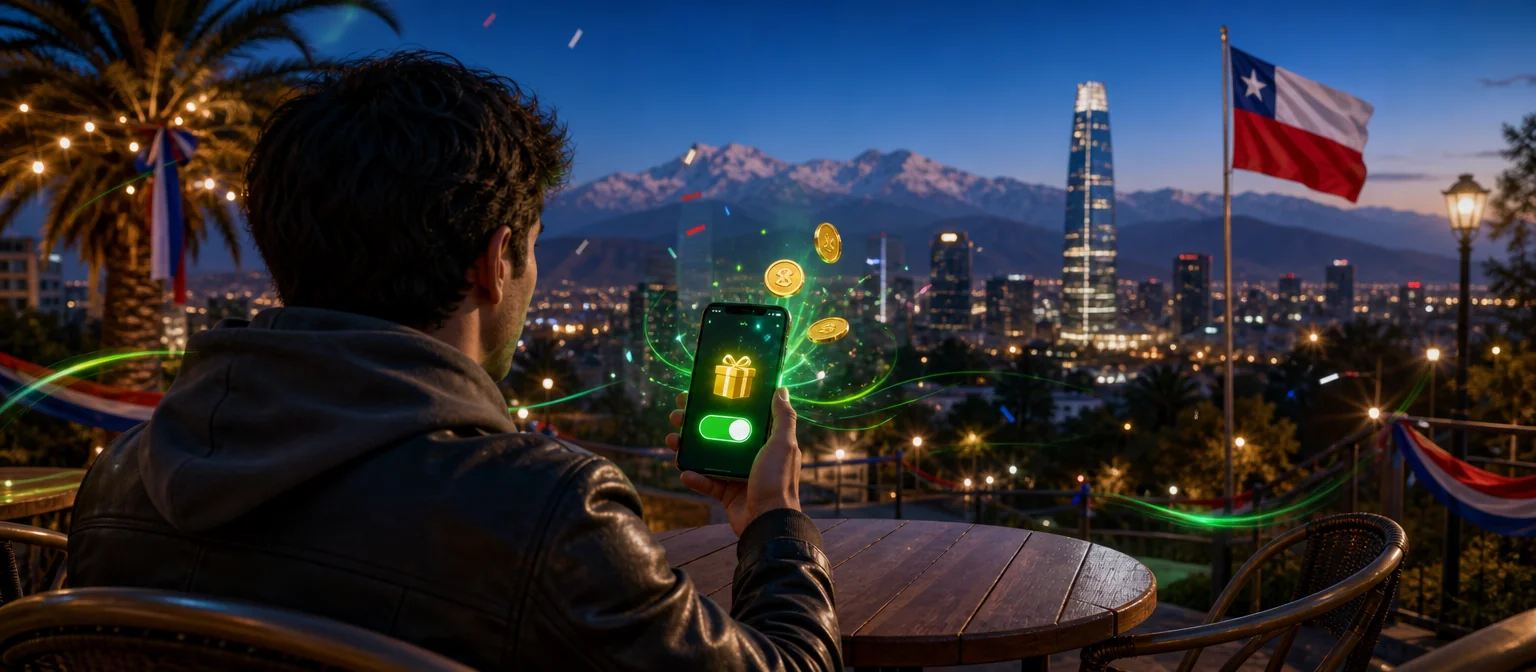 Persona de espaldas en una terraza de Santiago al atardecer que activa una oferta en el celular, con un interruptor verde encendido