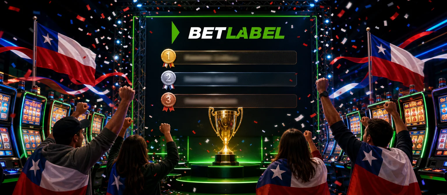 Final de un torneo de tragamonedas en un escenario: pantalla LED con el logo de BetLabel y medallas, trofeo y jugadores de espaldas