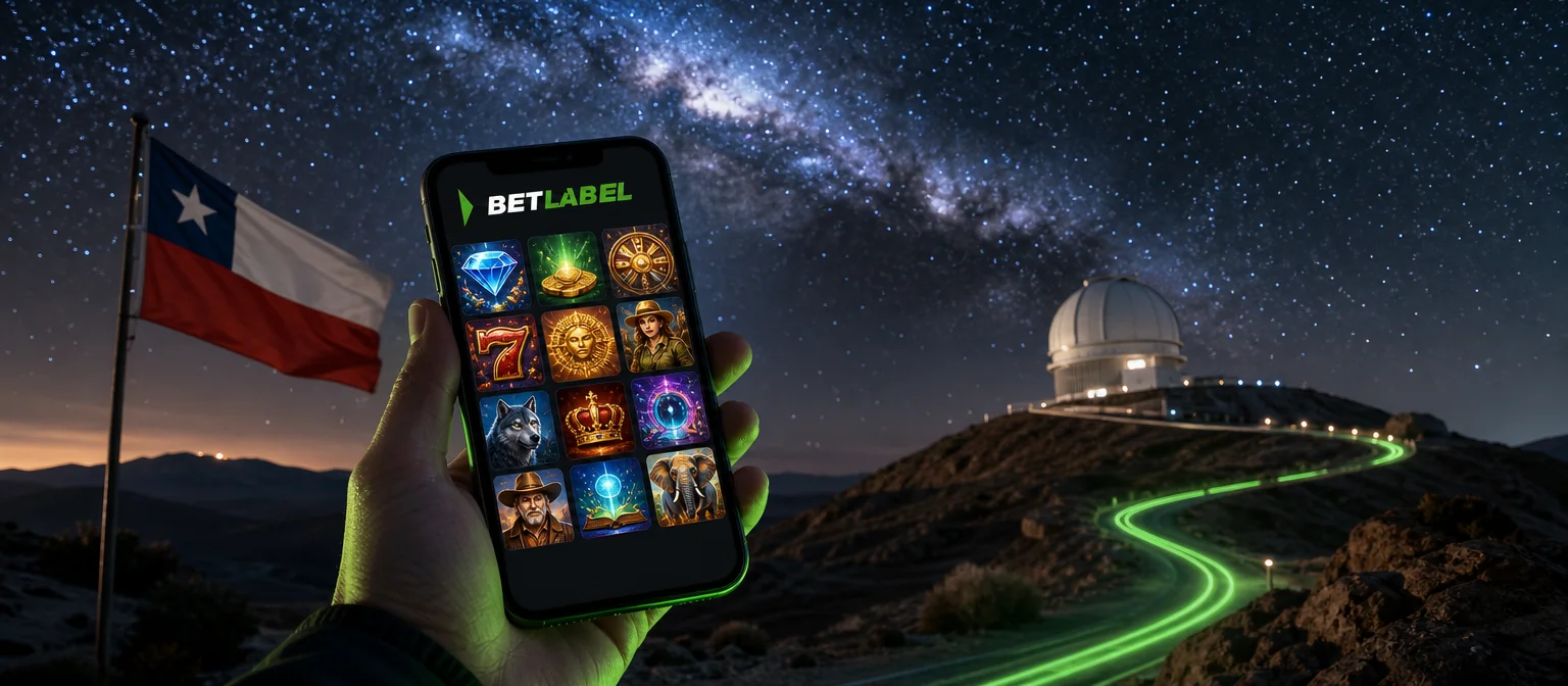 Mano con un celular que muestra el sitio móvil de BetLabel bajo la Vía Láctea en el desierto de Atacama, con un observatorio al fondo